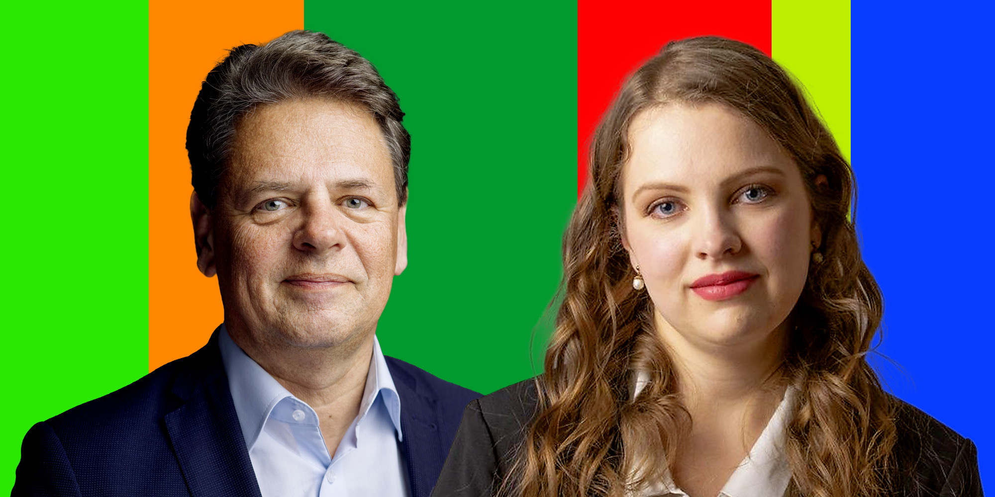Das Foto zeigt Adrian Vatter und Rahel Freiburghaus, im Hintergrund die Schweizer Parteifarben.